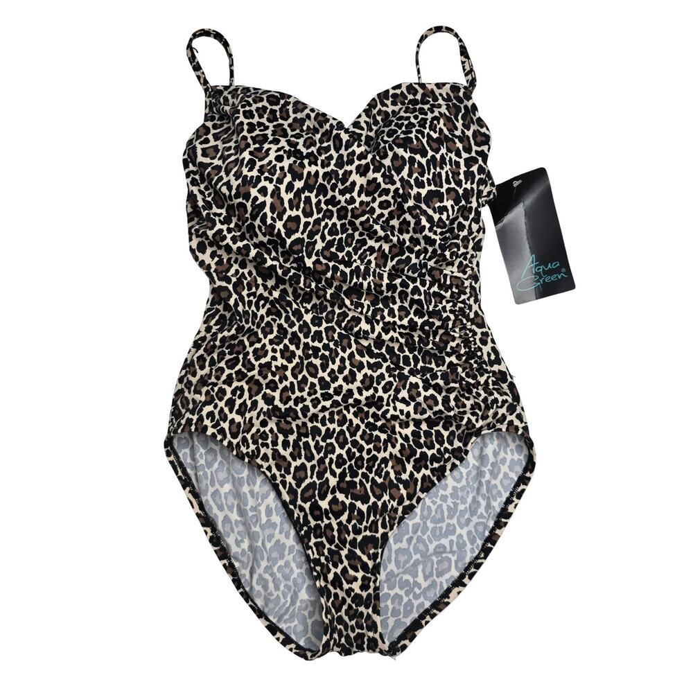 Aqua Green Leopard Print One Piece Swimsuit Ruched Molded Cups Medium NWT